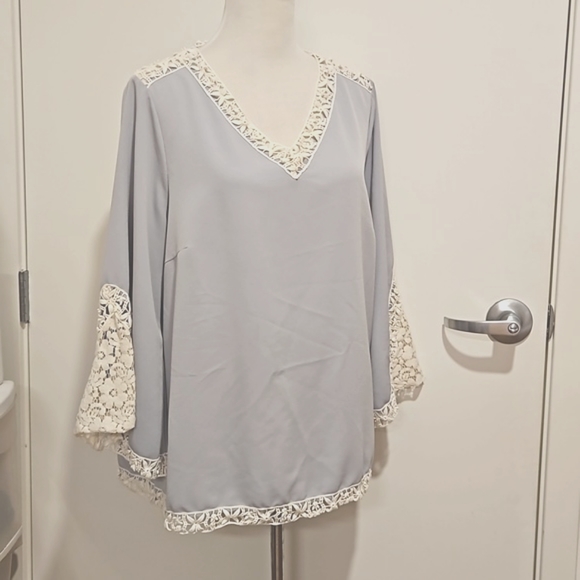 Lane Bryant Tops - Gray lt. blue bell sleeve top crochet lacey inset neck detail 14/16 Lane Bryant